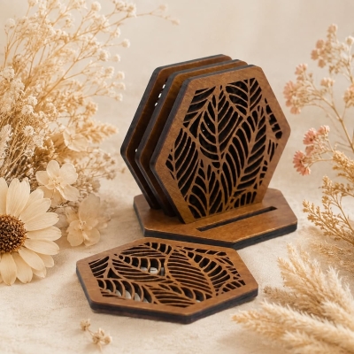Bulk Laser Cut Plywood Hexagon Coasters for Branded Gifts
