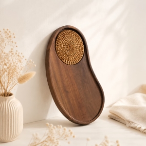 Wholesale Luxury Walnut Wood Serving Tray with Rattan Detail