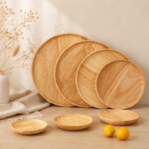 Wholesale Round Rubber Wood Tray Set OEM Kitchen Supply