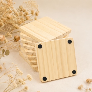 Square Pine Wood Coasters with Non Slip Pads for Promotional Gifts