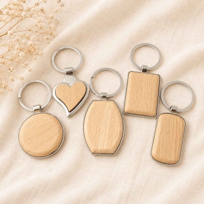 Wholesale Beech Wood Keychain Assorted Shapes Gift Favors