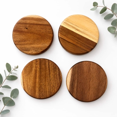 OEM Acacia Wood Round Coaster Set Corporate Gift Projects