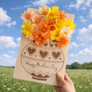 Wooden Flower Holder for Mothers Day Kids DIY Gift Custom Wooden Flower Card